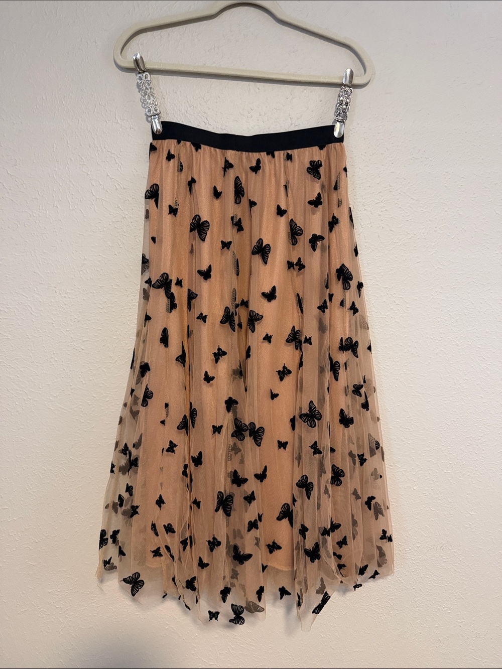 Black Butterfly Embroidered Tulle Midi Skirt - Nude